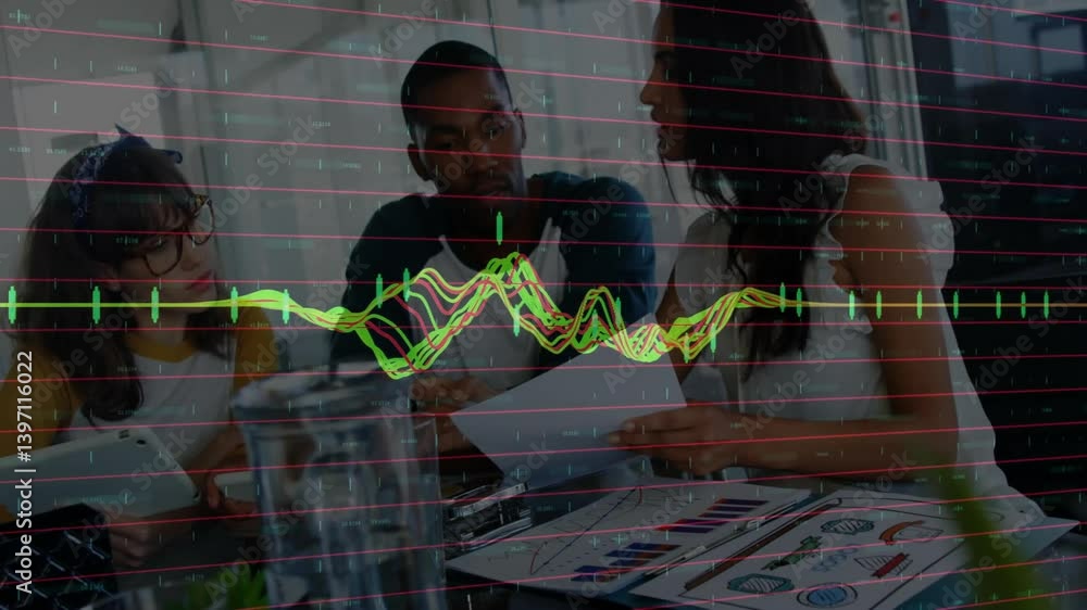 Aufkleber business team analyzing financial graphs with data processing animation overlay