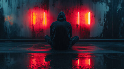 Person in hoodie meditating against glowing red background  