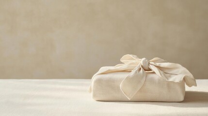Small gift box wrapped in a light beige fabric with a white ribbon tied in a bow on top. the box is placed on a white surface with a plain beige background.