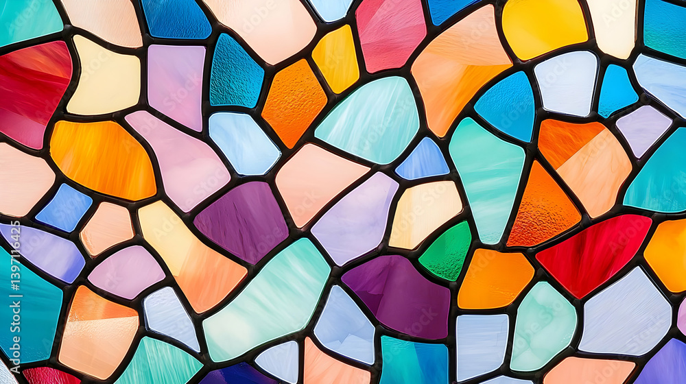 Poster vibrant stained glass window design with colorful patterns and shapes