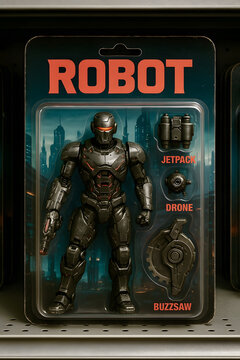 Futuristic robot action figure with accessories displayed on store shelf in evening setting