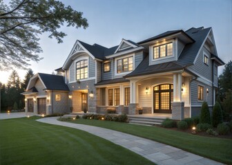 Luxury Suburban Home Gray Siding, Stone Accents, Evening Lighting