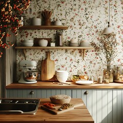 Inviting kitchen space with blooming wallpaper, pots and natural materials
