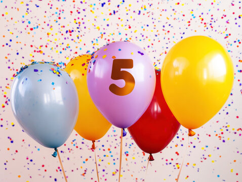 Colorful balloons with confetti celebrating a fifth birthday party