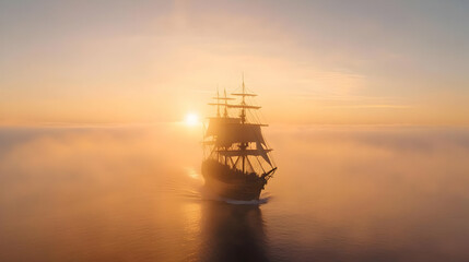 Majestic Nautical Scene with Stunning Ship at Sunrise in Fog