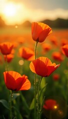 Obraz premium Sun-drenched poppies sway gently in a field, backlit by golden hour light , botanical, plants