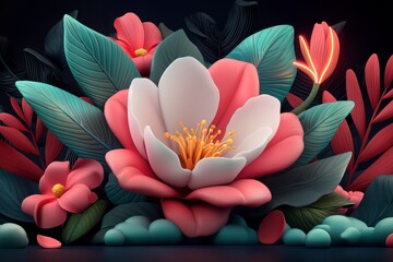 Obraz premium Stylized 3D Render of Pink and White Flowers with Teal Leaves
