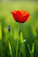 Fototapeta premium A single bright red poppy in a field of grass, fields, field of dreams