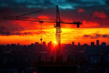 A construction worker assembling a skyscraper crane on a bustling city construction site. Gear and machinery surrounding the worker.