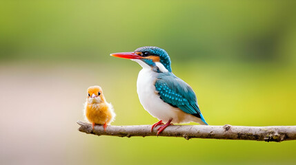 Fototapeta premium Beautiful Kingfisher Bird with Chick Sitting on a Branch