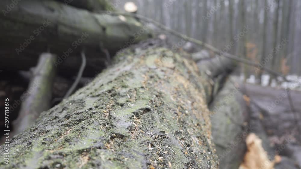 Poster logging industry. cut-down trees with rack focus from background to foreground