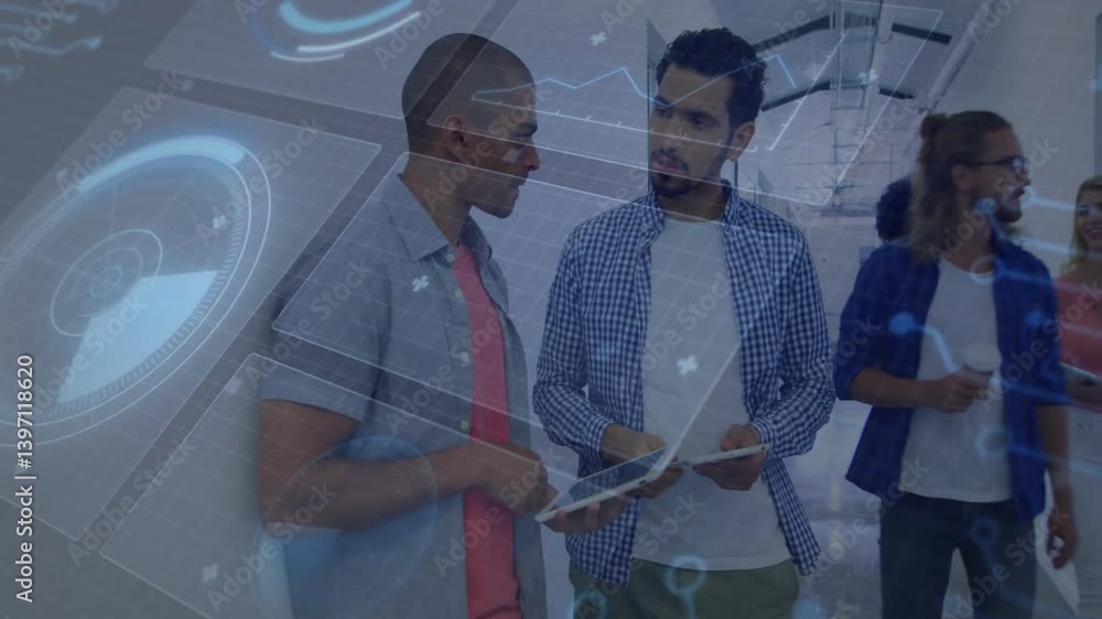 Poster discussing data processing, diverse colleagues using digital interface in office