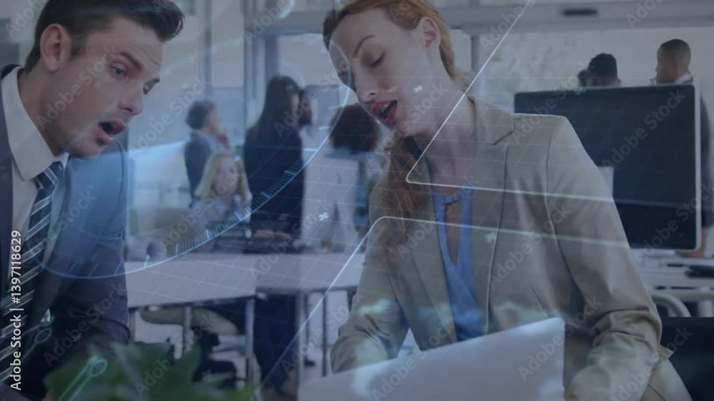 Poster collaborating in office, business professionals using digital animation for data visualization