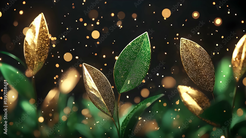Poster tranquil and mesmerizing botanical scene with sparkling elements