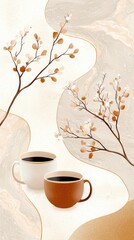 Abstract coffee art with two cups and floral branches, beige background, peaceful and decorative design.