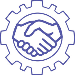 Blue gear icon with handshake in the center, representing teamwork, collaboration, and industrial partnership in engineering, business, and technology.
