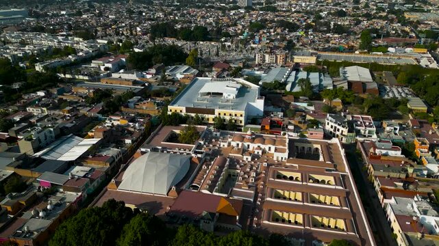Downtown Tlaquepaque, a Pueblo M&aacute;gico near Guadalajara. Drone shot with a view of El Pari&aacute;n and the cathedral.