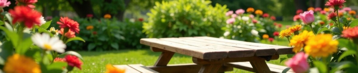 Fototapeta premium Wooden picnic table amidst blooming flowers, sunny garden scene , setting, charming