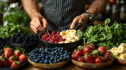 Obraz premium Preparing fresh salad ingredients closeup view of hands and colorful vegetables