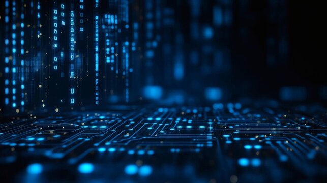 A futuristic circuit board with binary code flowing.