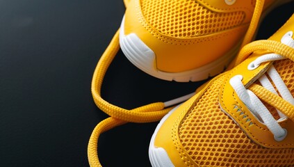 Bright yellow athletic shoes on black background