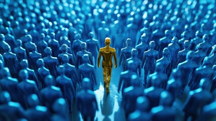 Obraz premium Concept leader of the business team indicates the direction of the movement towards the goal. Crowd of blue men goes for the leader of the gold color. 3D rendering illustration