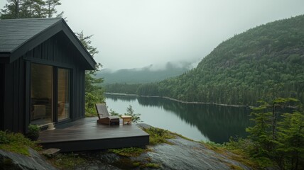 Obraz premium Remote Overcast Mountain Lake View with Modern Black Cabin Forest and Tranquil Waters Reflecting the Lush Green Landscape With Deck and Wooden Chairs