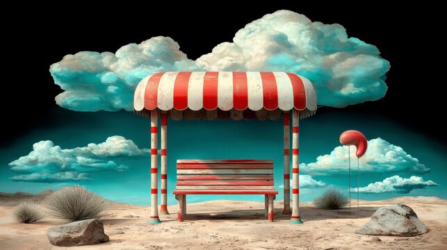 Surreal Desert Scene with Red and White Striped Bench and Balloon
