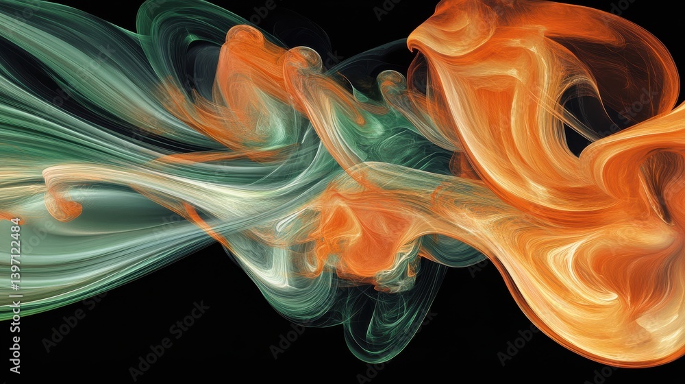 Poster Abstract smoke in orange and green tones swirls gracefully against a black background, creating a mesmerizing display of color and movement. This captivating image includes ample copy space. illustra