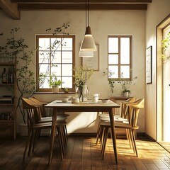 Vintage wooden dining table with soft curtains and rug