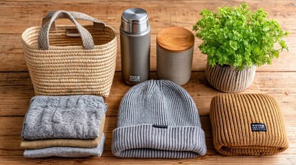 Cozy lifestyle arrangement showcasing warm clothing, a reusable thermos, and greenery on a wooden surface.