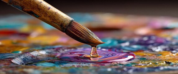 Fototapeta premium Paintbrush above mixed colors; paint drop. Vibrant, abstract art