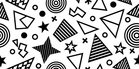 Memphis fun geometric seamless pattern. Cool abstract background, retro 80s, 90s style with basic shapes: star, triangle, circle, semicircle, heart, zigzag, spiral, wavy lines. Cute kid doodle design.