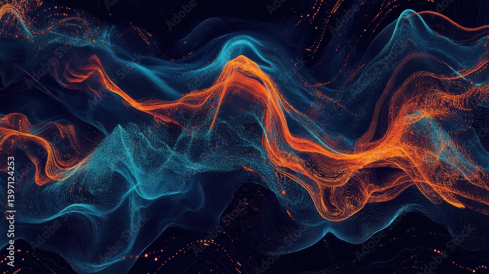Poster a vibrant visualization of digital data streams, showcasing blue and orange patterns against a dark 