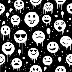 Pattern with smileys on a black background in grunge style. Drawn with brush strokes, splashes, blots.