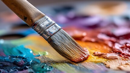 Fototapeta premium Paintbrush rests on vibrant palette with hues of mixed colors