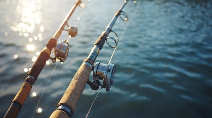 several fishing rod near lake- vertical fishing background