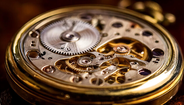 Intricate close-up of a vintage pocket watch's inner workings.  Golden gears and intricate mechanics are beautifully detailed, perfect for concepts of time, precision, and craftsmanship.