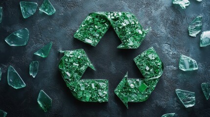 Glass garbage on background. Recycling reuse code symbol sign with inscription 71 GL in center, surrounded with circle of pieces of broken green bottle glass.Trash sorting, environment care concept.