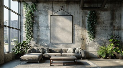 Frame mockup, ISO A paper size. Living room wall poster mockup. Interior mockup with house background. Modern interior design. 3D render 