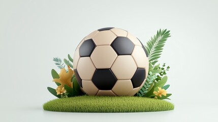 Fototapeta premium Textured Soccer Ball on Green Grass with Tropical Foliage
