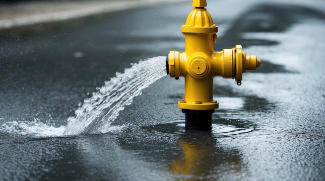 Close-up of yellow fire hydrant spraying water onto a street.