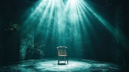 Lonely chair under stage lights, dramatic atmosphere