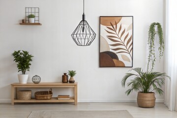 Modern Minimalist Living Room Decor Plants, Wooden Console, Art