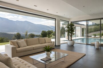 Fototapeta premium Luxury Villas Mountain View Living Room, Poolside Relaxation
