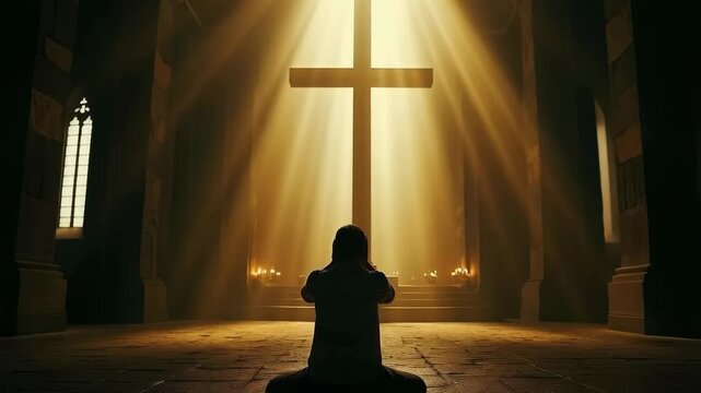 A man kneels in prayer before a large illuminated cross in a dark place.