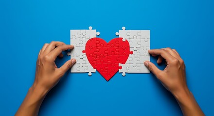 Completing Heart Puzzle Held by Hands on Blue Background