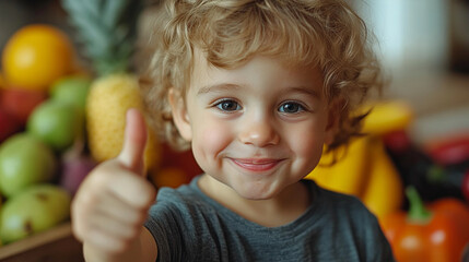 Fototapeta premium Child enjoys fresh fruits and smiles with joy