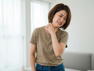 Young Woman Experiencing Discomfort in Neck at Home Setting