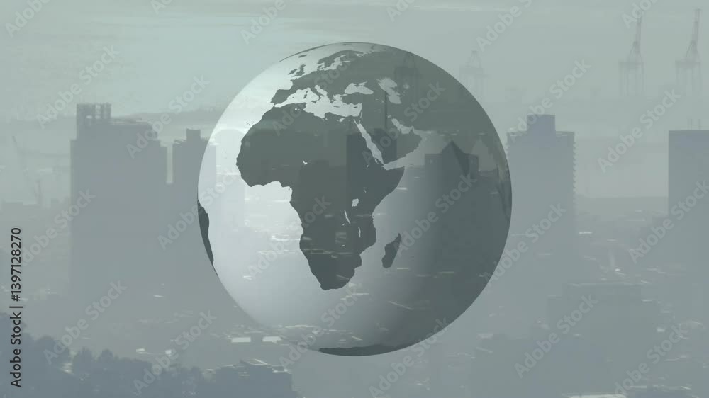 Poster rotating globe animation above city skyline with hazy atmosphere in background